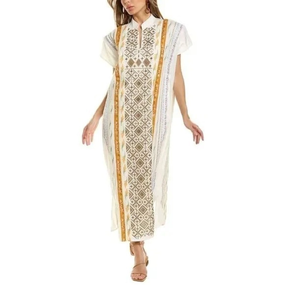 TORY BURCH Embellished Caftan sz Medium Embroidered Beaded Maxi 100%. Cotton